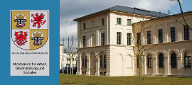 Grafik mit dem Wappen und einem Foto des Gebäudes des Sozialministeriums in Schwerin (Externer Link: Zum Sozialministerium)